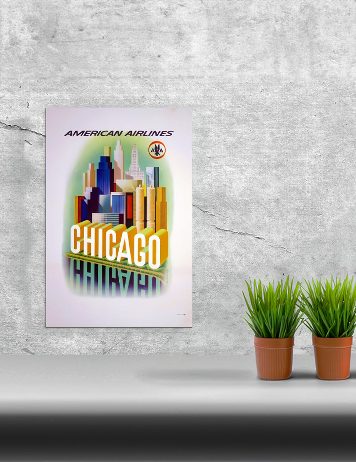 Travel Chicago via United Airlines Remastered Poster Print framed in a solid MDF wood frame, showcasing vibrant graphics and a matte finish.