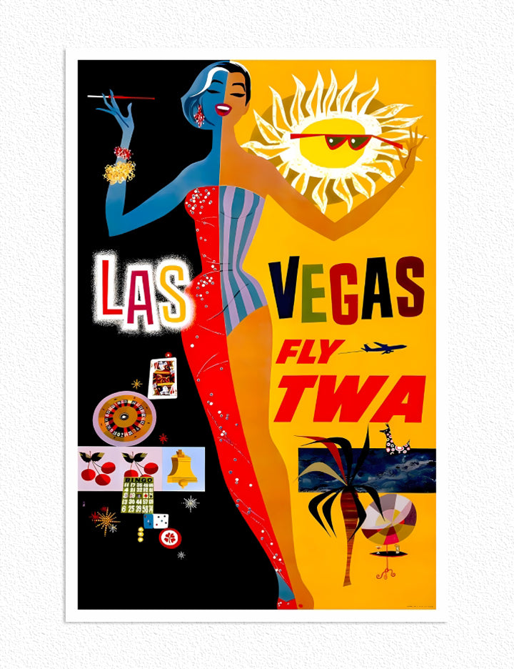 Travel Las Vegas via TWA Remastered Poster Print framed in a stylish MDF wood frame, showcasing vibrant colors and intricate details.