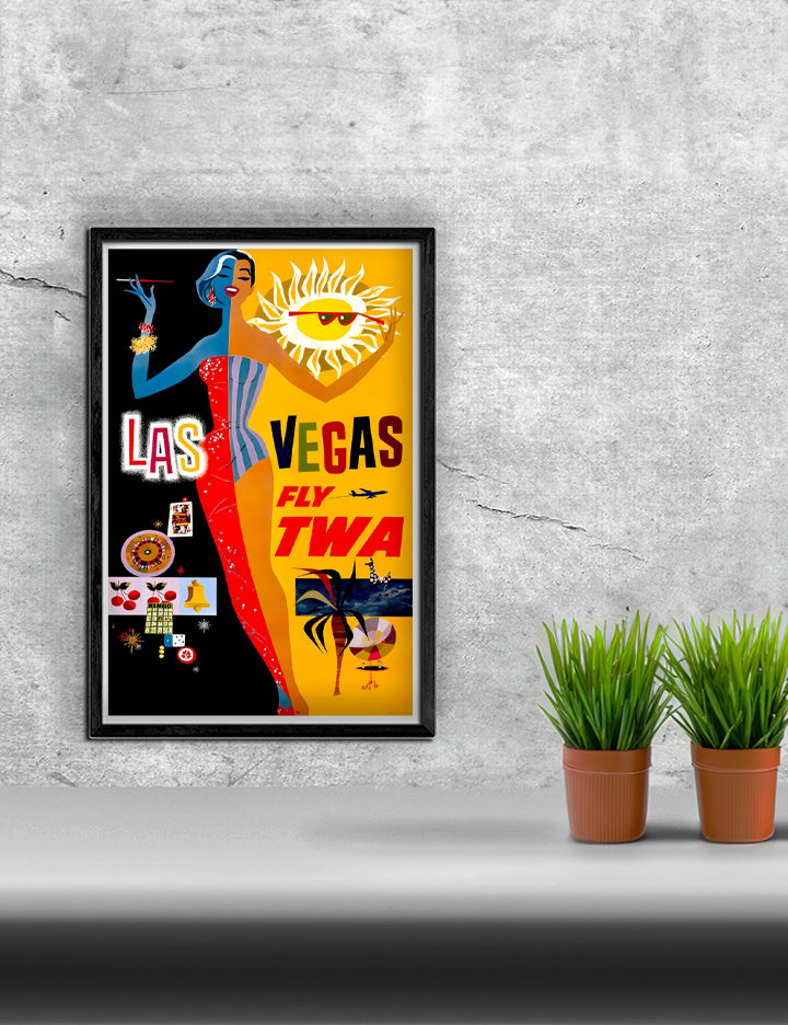 Travel Las Vegas via TWA Remastered Poster Print framed in a stylish MDF wood frame, showcasing vibrant colors and intricate details.