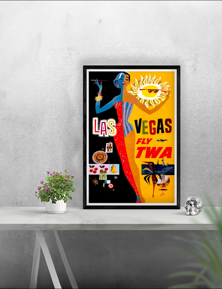 Travel Las Vegas via TWA Remastered Poster Print framed in a stylish MDF wood frame, showcasing vibrant colors and intricate details.