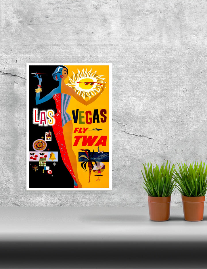 Travel Las Vegas via TWA Remastered Poster Print framed in a stylish MDF wood frame, showcasing vibrant colors and intricate details.