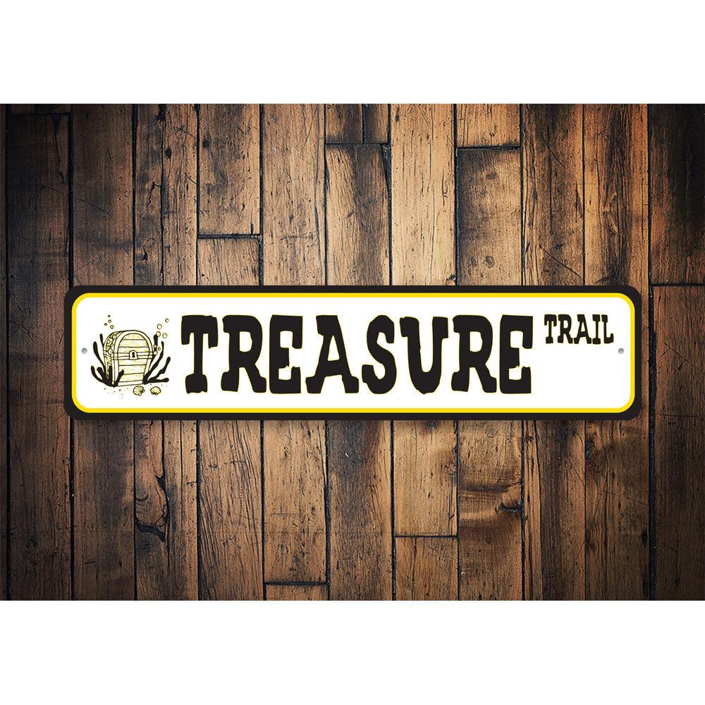 Customizable Treasure Street Sign made from high-quality aluminum, featuring pre-drilled holes for easy mounting.