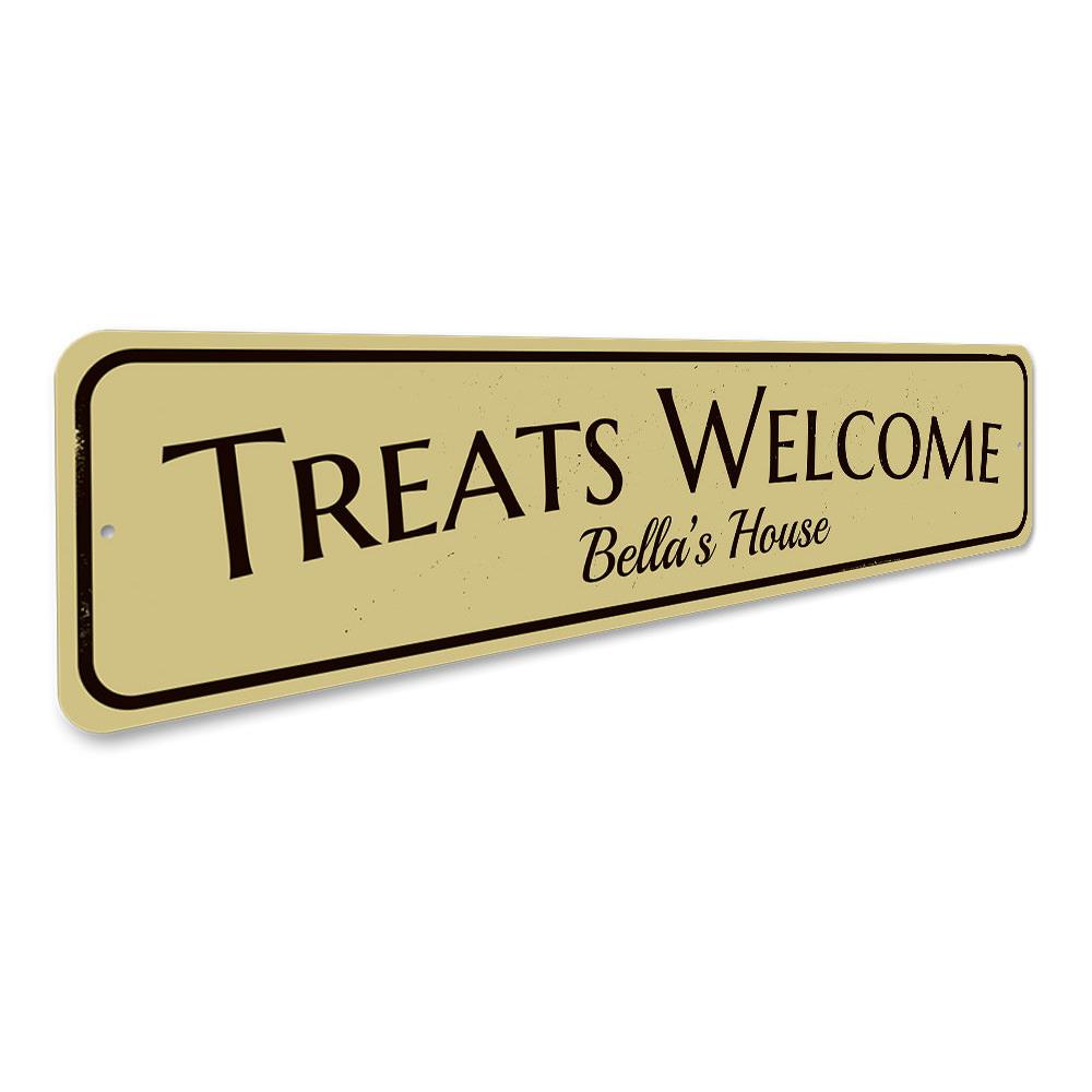 A decorative Treats Welcome Sign made of high-quality aluminum, featuring customizable text for a personalized touch.
