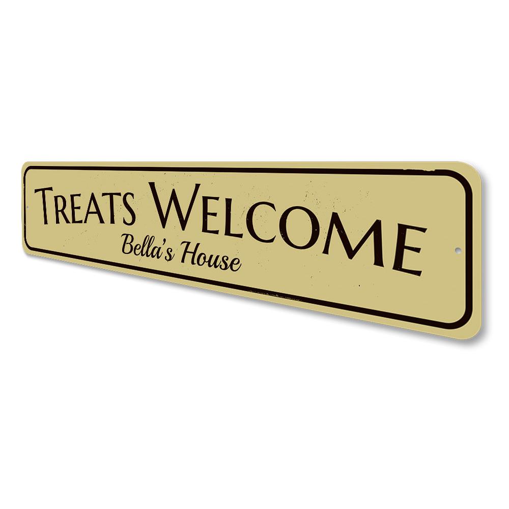 A decorative Treats Welcome Sign made of high-quality aluminum, featuring customizable text for a personalized touch.