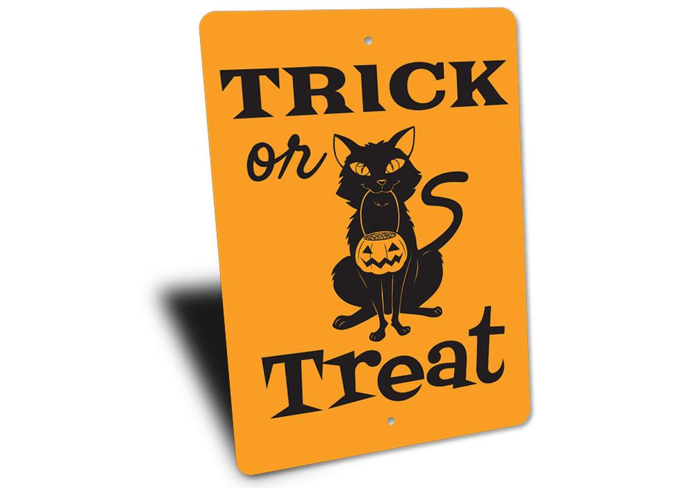 A decorative Trick Or Treat Sign made of high-quality aluminum, featuring spooky Halloween-themed graphics, perfect for home decor.