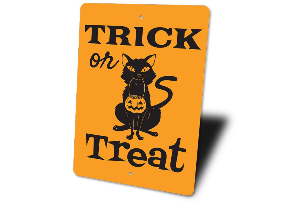 A decorative Trick Or Treat Sign made of high-quality aluminum, featuring spooky Halloween-themed graphics, perfect for home decor.