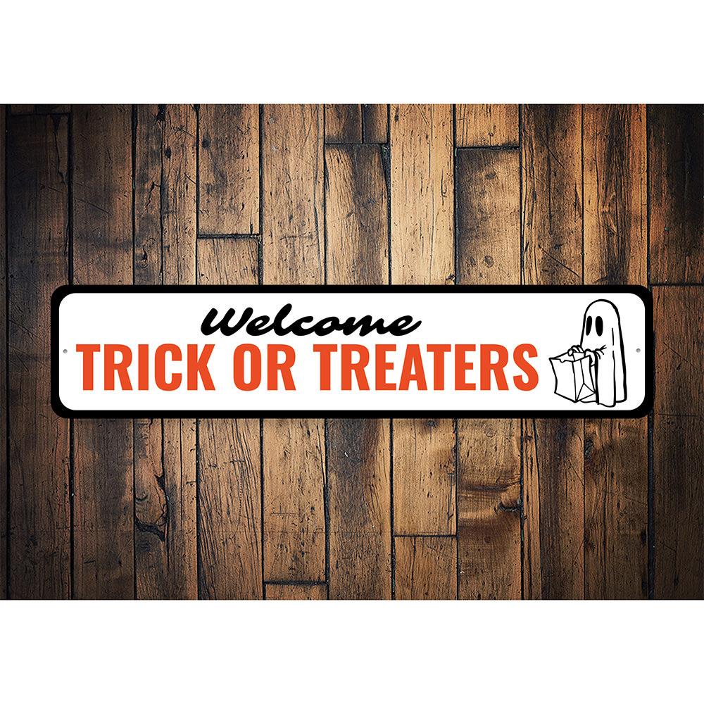 Trick or Treating Porch Sign made of durable aluminum, featuring festive Halloween designs and pre-drilled holes for easy mounting.