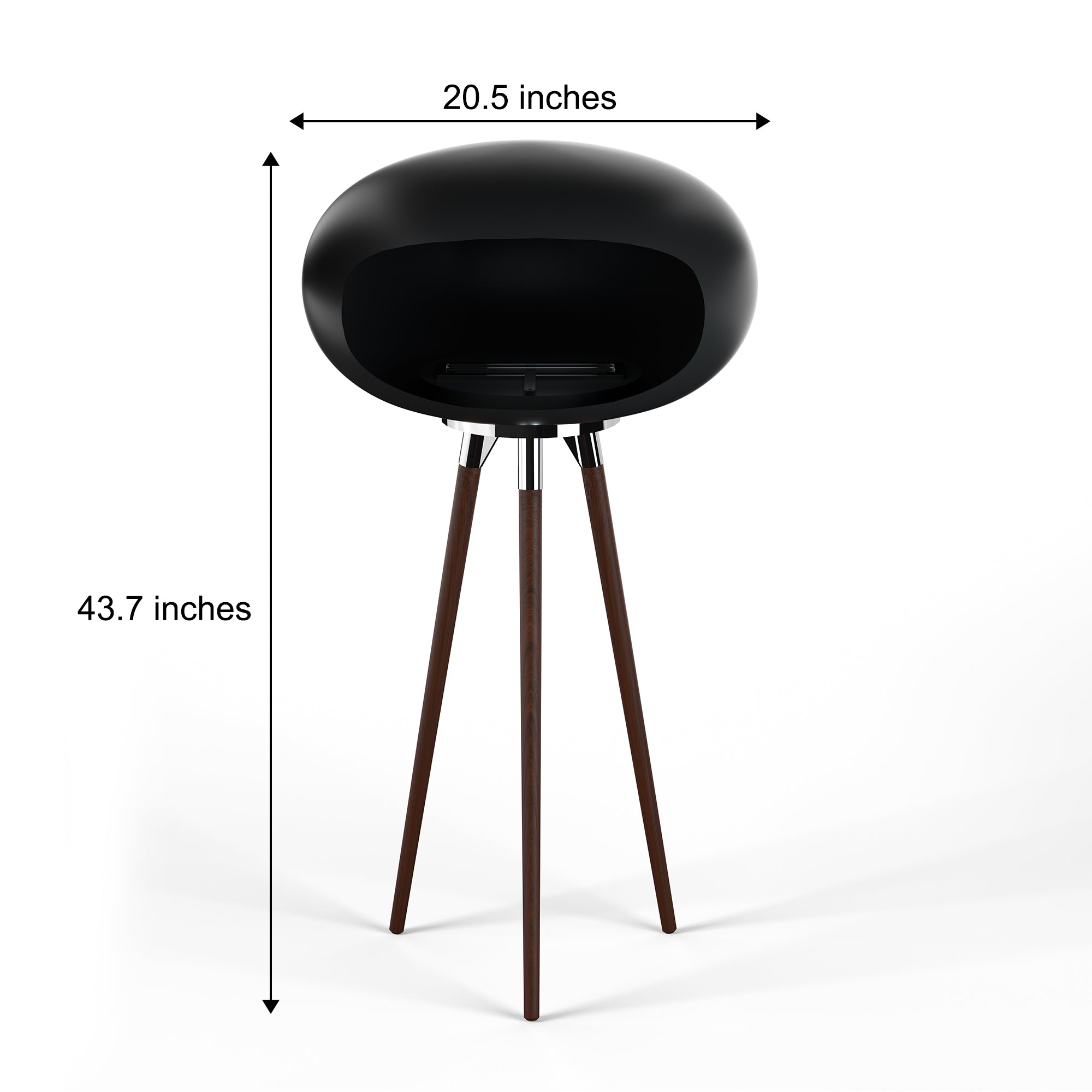Tripod Indoor + Outdoor Ethanol Fireplace featuring wooden legs and a metal dome, providing a cozy ambiance.