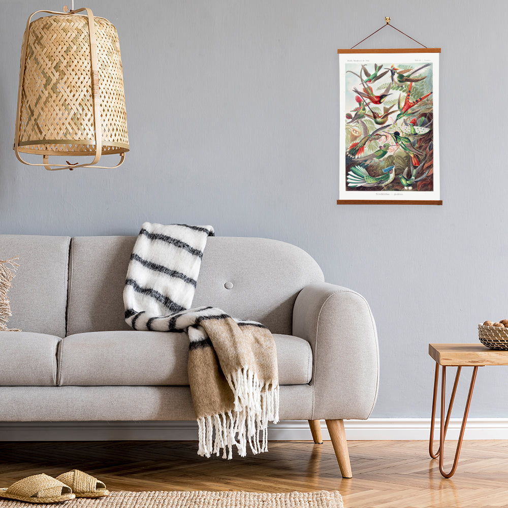 A vibrant canvas print of hummingbirds by Ernst Haeckel, showcasing their intricate details and colorful plumage, elegantly displayed with a wooden magnetic hanger.