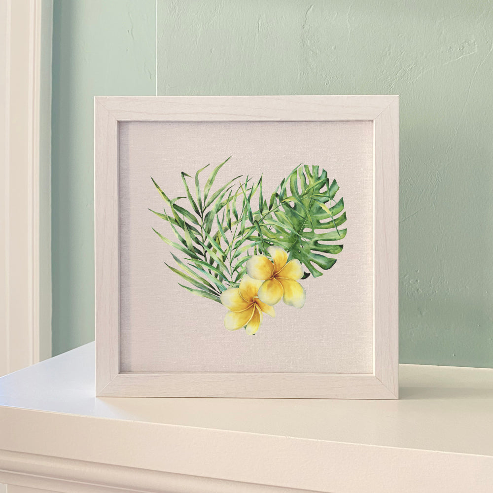 Tropical Heart framed sign with a wood frame, eco-friendly inks, and a linen-look background, perfect for home decor.