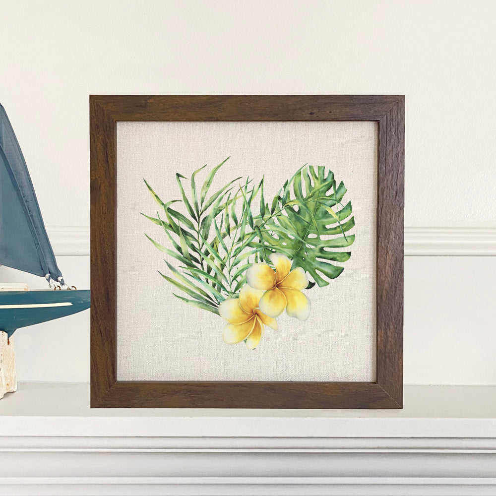 Tropical Heart framed sign with a wood frame, eco-friendly inks, and a linen-look background, perfect for home decor.
