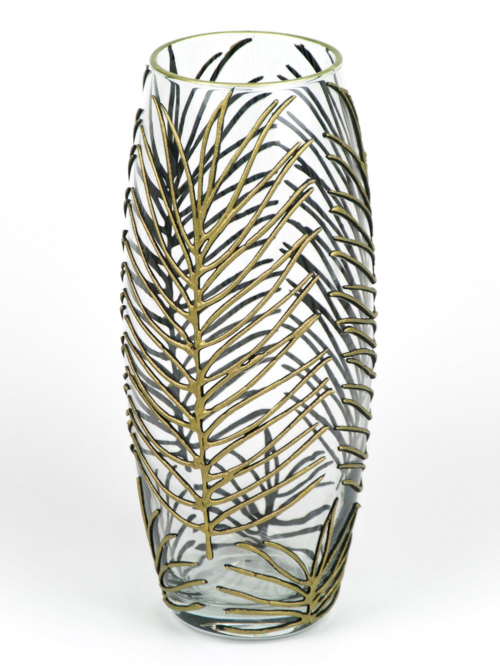 A beautifully hand-painted Tropical Art Glass Oval Vase featuring vibrant colors and intricate designs, perfect for floral arrangements.