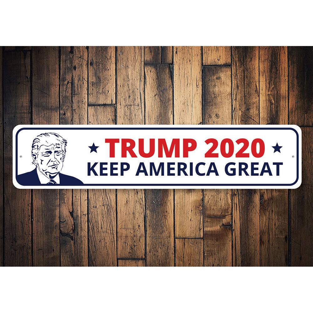 Trump 2020 Keep America Great Sign made of durable aluminum, featuring patriotic colors and customizable text options.