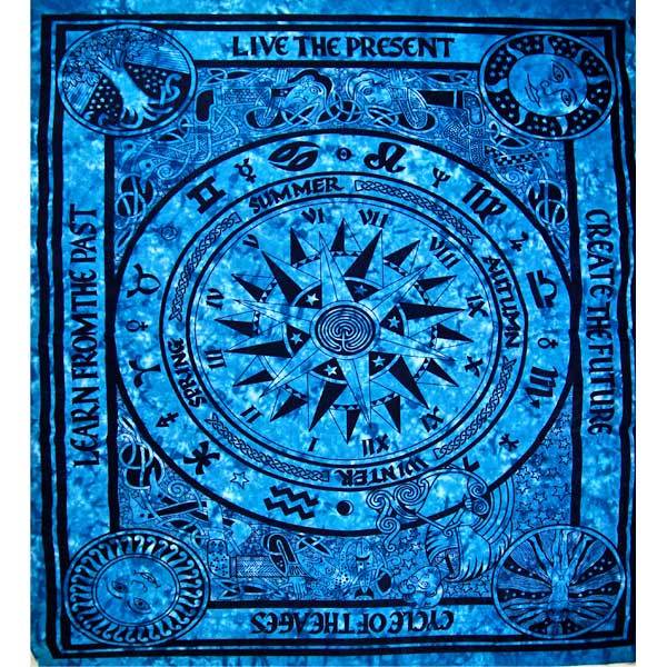 Turquoise Cycle Of The Ages Tapestry featuring zodiac symbols and a vibrant design, perfect for wall decor or as a throw.
