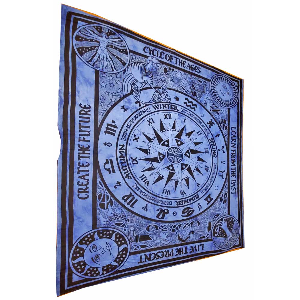 Turquoise Cycle Of The Ages Tapestry featuring zodiac symbols and a vibrant design, perfect for wall decor or as a throw.