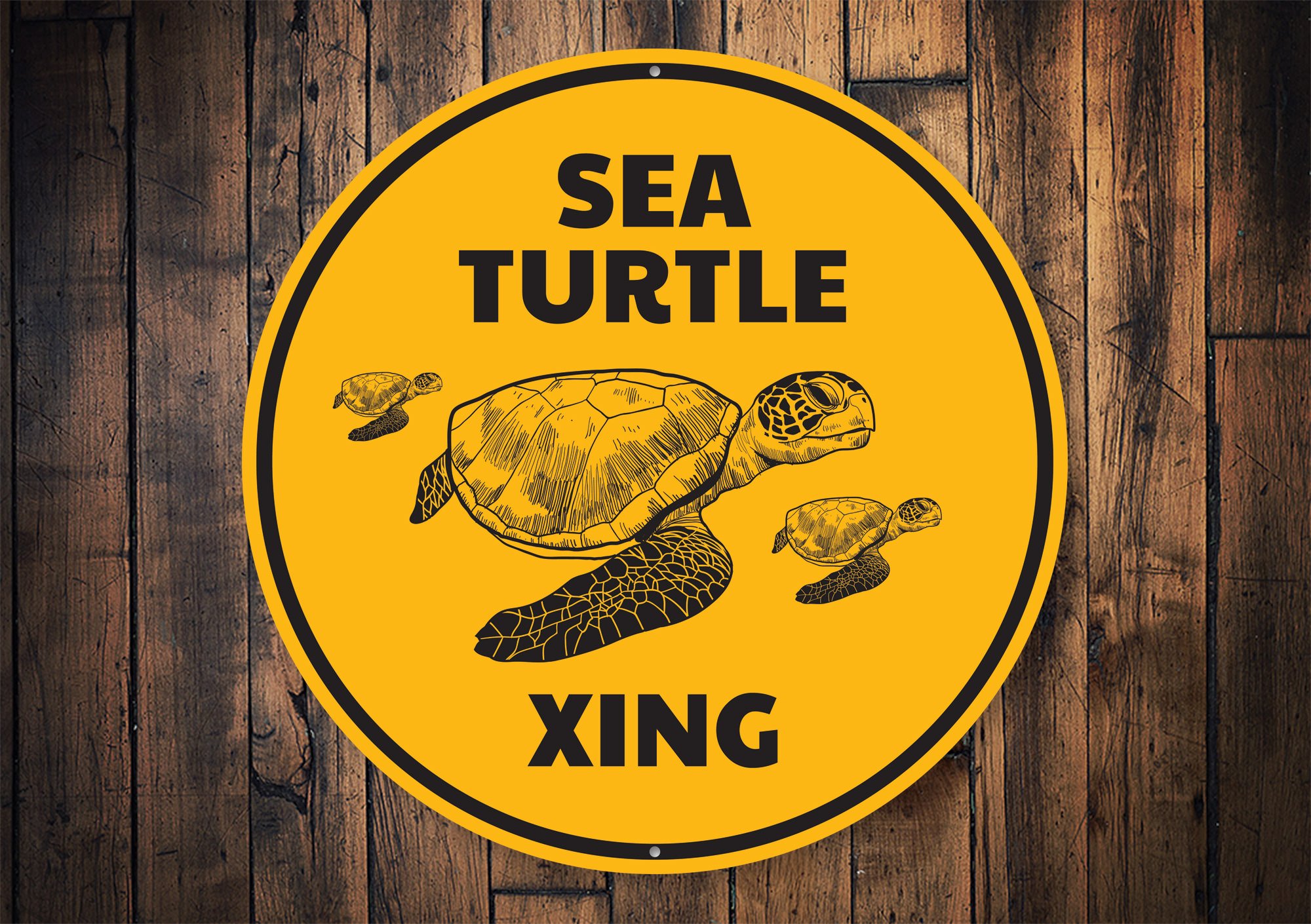 A decorative Turtle Crossing Sign made of high-quality aluminum, featuring a vibrant design suitable for beach houses and coastal decor.