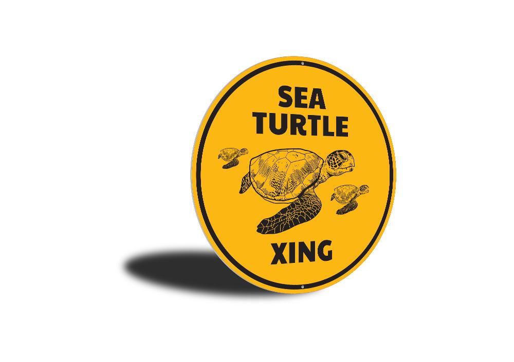 A decorative Turtle Crossing Sign made of high-quality aluminum, featuring a vibrant design suitable for beach houses and coastal decor.