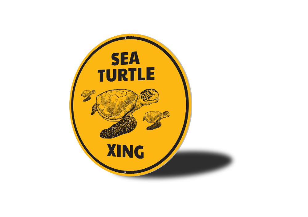 A decorative Turtle Crossing Sign made of high-quality aluminum, featuring a vibrant design suitable for beach houses and coastal decor.