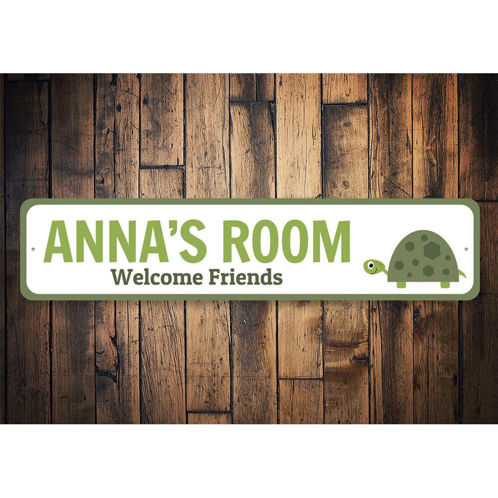 A colorful Turtle Kids Room Sign made of aluminum, featuring a playful turtle design, perfect for children's room decor.