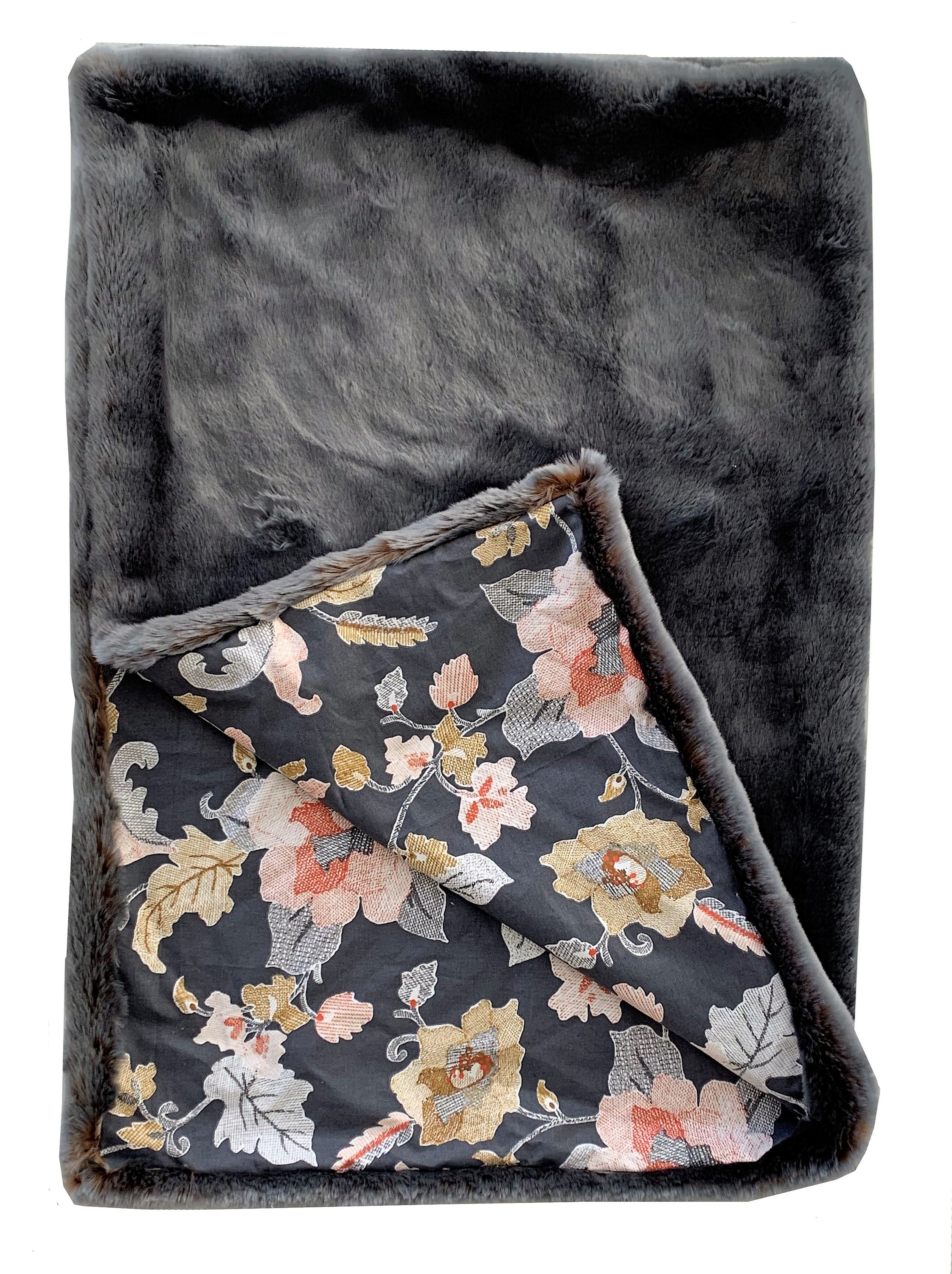 Two Tone Gray and Amber Handmade Luxury Throw with Floral Backing, showcasing plush faux fur and intricate floral design.