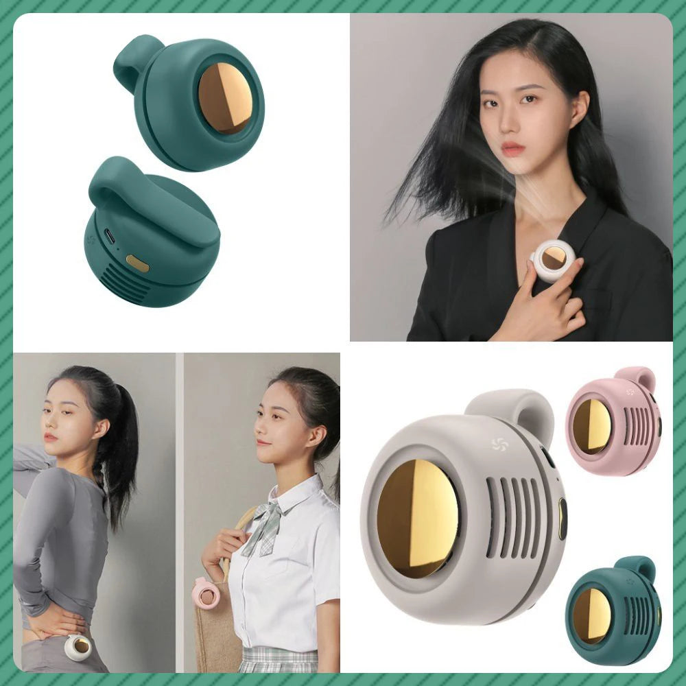 USB Hanging Neck Fan in white color, designed for portability and safety with a bladeless design and silicone clips for easy attachment.