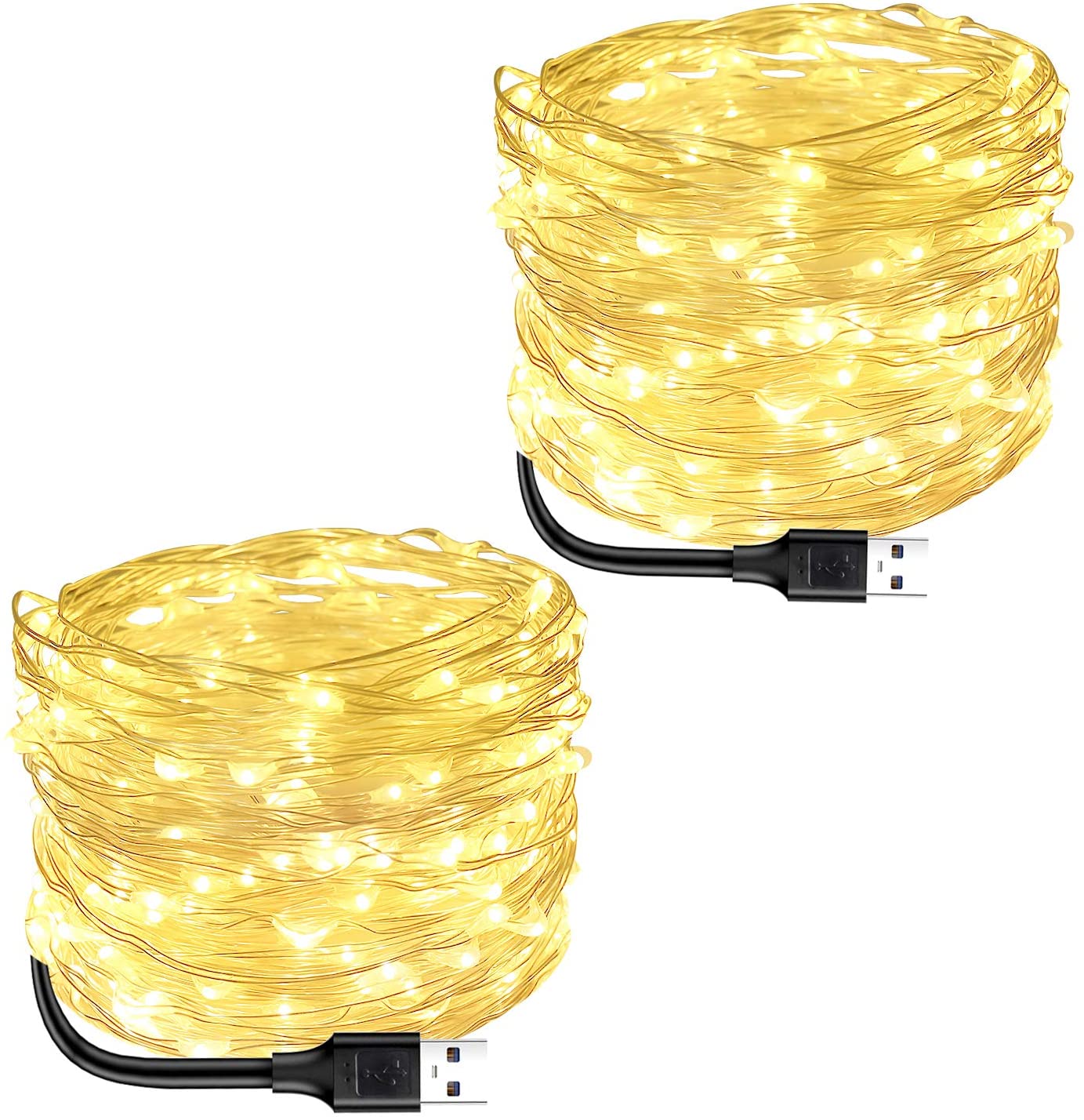 USB powered string lights with 100 warm white LEDs, 33ft long, perfect for Christmas decorations.