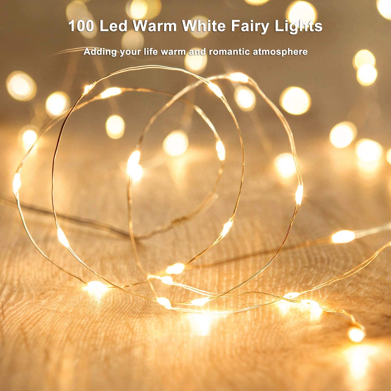 USB powered string lights with 100 warm white LEDs, 33ft long, perfect for Christmas decorations.