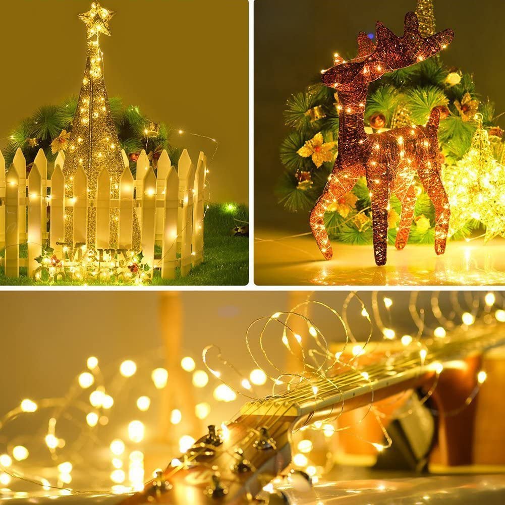 USB powered string lights with 100 warm white LEDs, 33ft long, perfect for Christmas decorations.