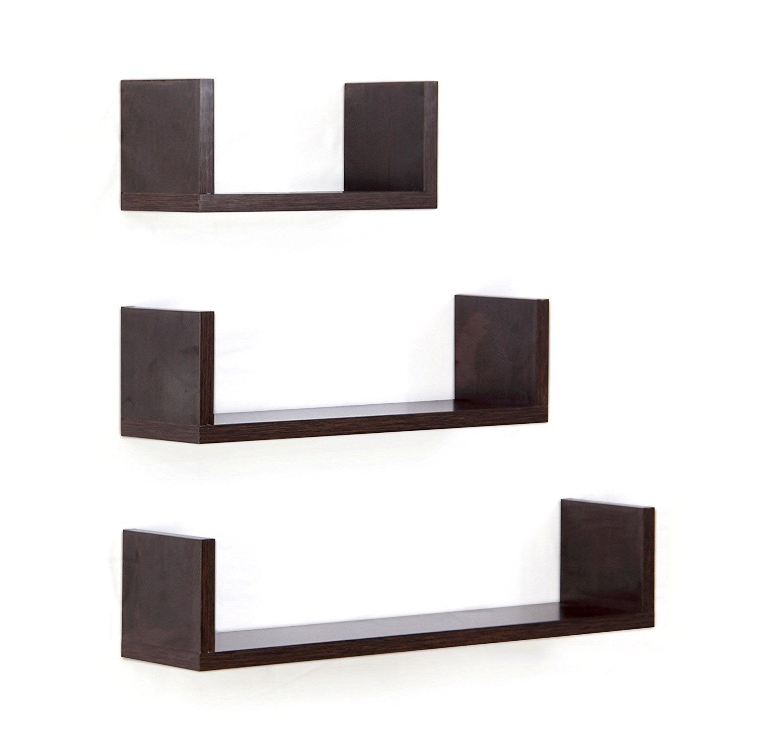 Set of 3 U-shaped floating wall shelves in walnut brown, showcasing a modern design perfect for home decor.