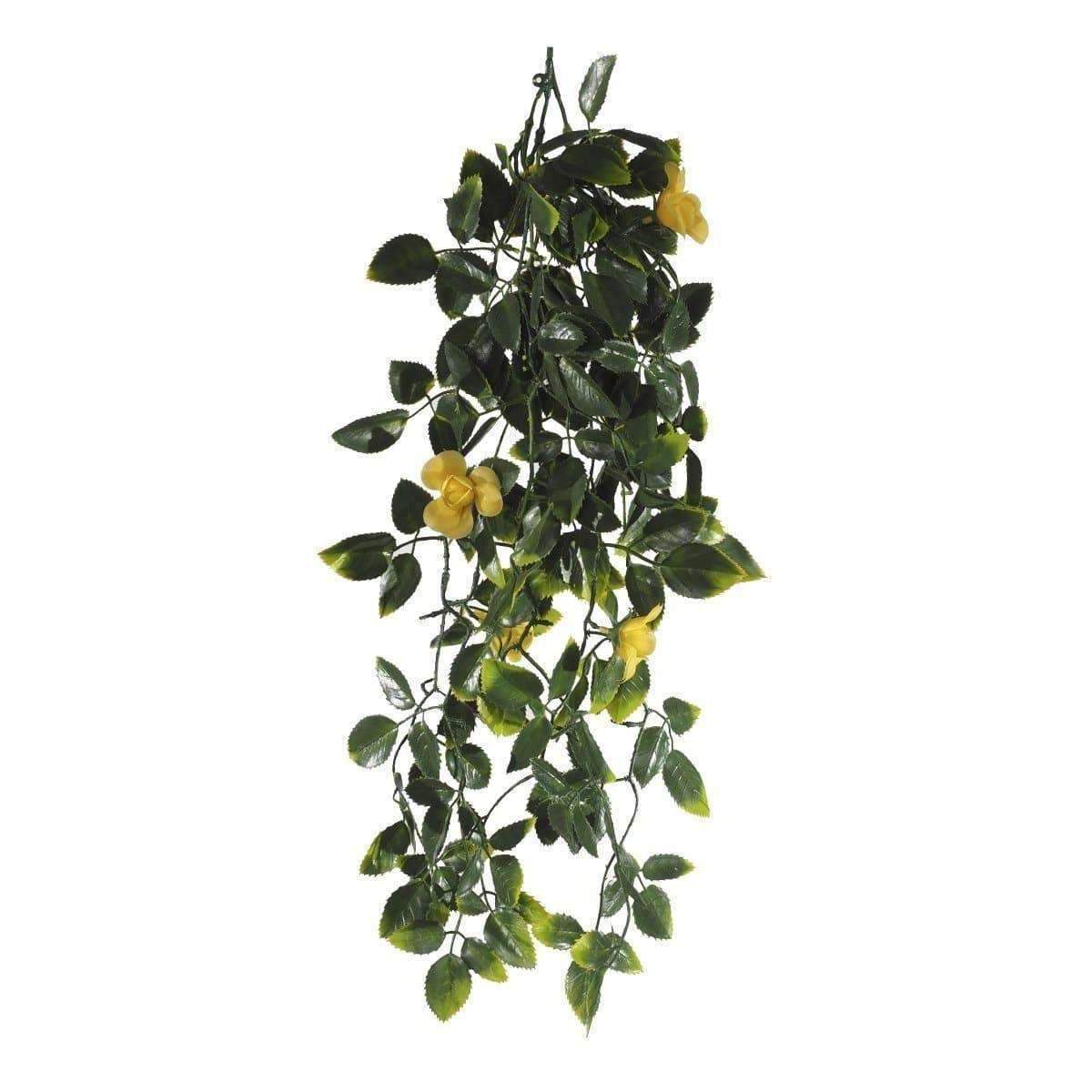 A vibrant UV resistant hanging artificial arrangement featuring yellow flowers and green foliage, perfect for indoor and outdoor decor.