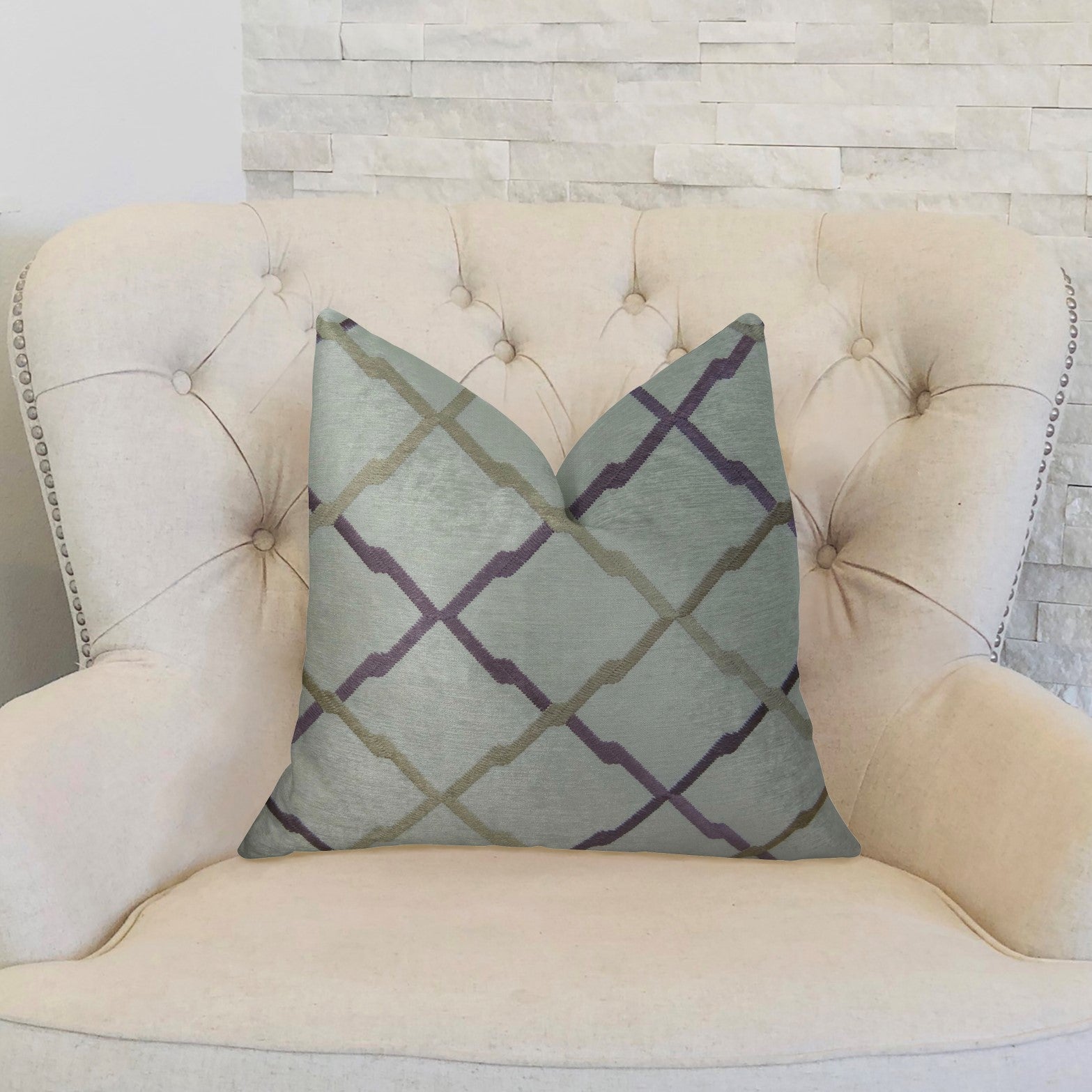 Valencia White Gold and Taupe Handmade Luxury Pillow featuring a geometric pattern, double-sided design, and invisible zipper, showcasing its elegant colors.
