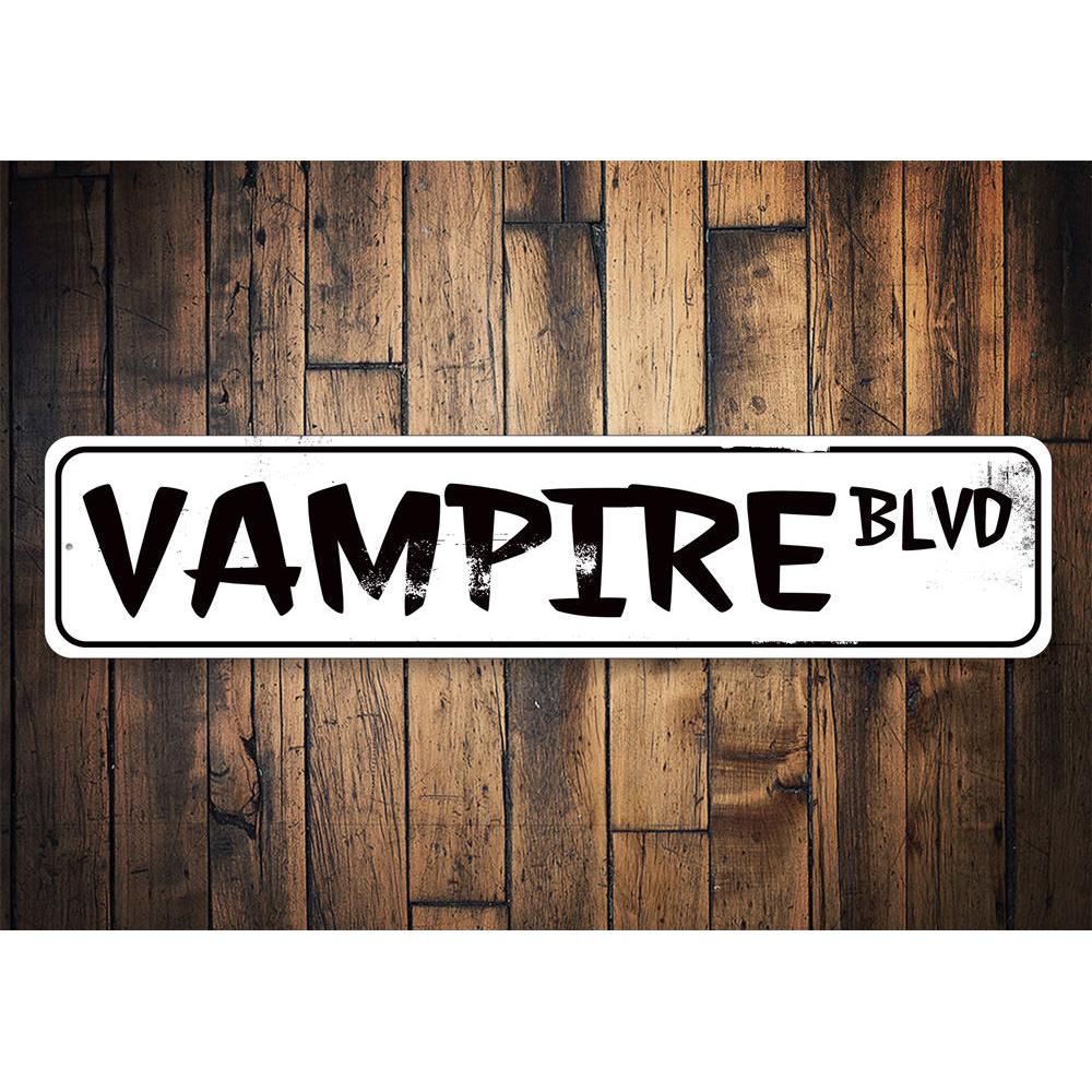 Vampire Boulevard Sign featuring spooky Halloween design, made from durable aluminum with pre-drilled holes for easy mounting.