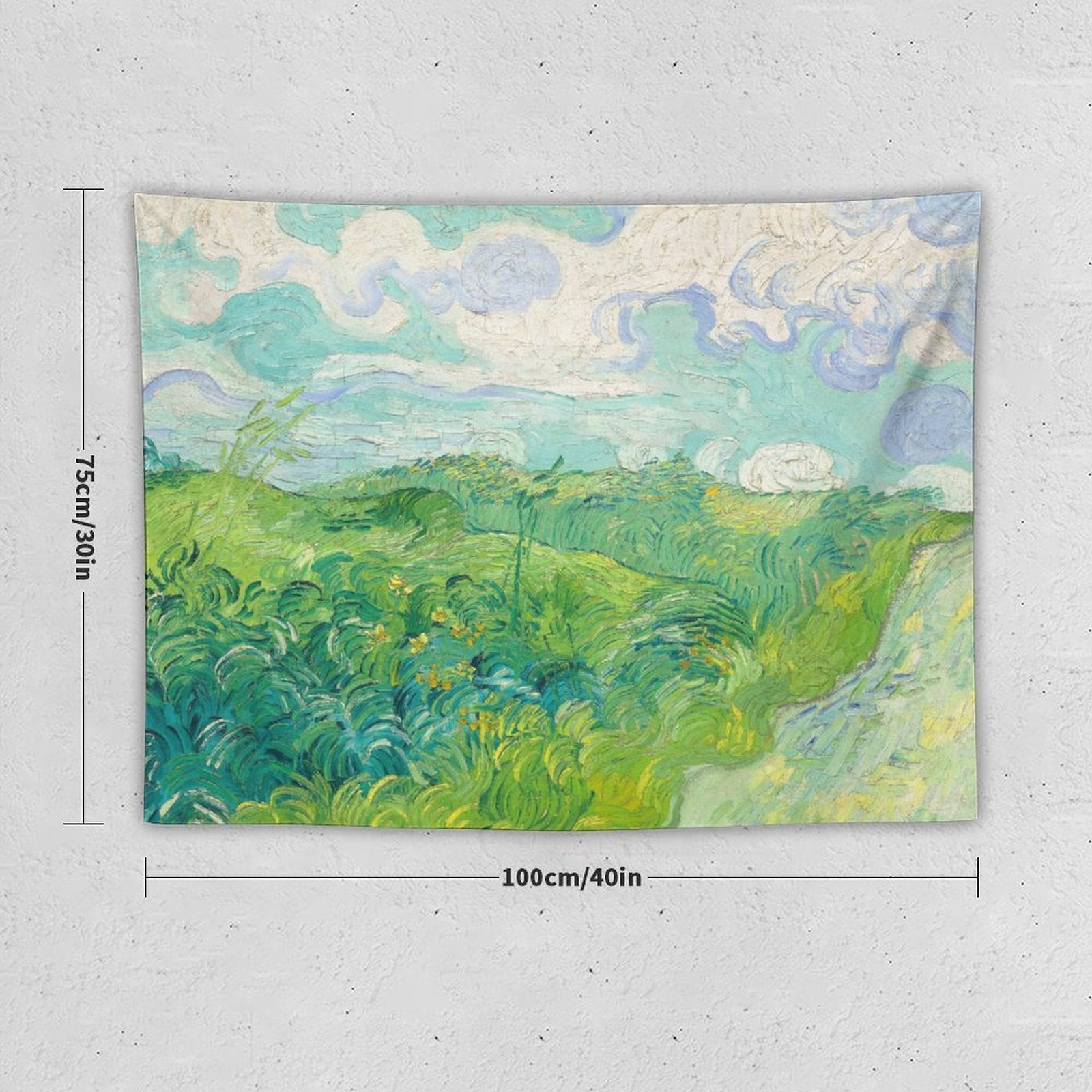 A vibrant tapestry featuring Van Gogh's Green Wheat Fields, showcasing bright colors and intricate details, perfect for home decor.