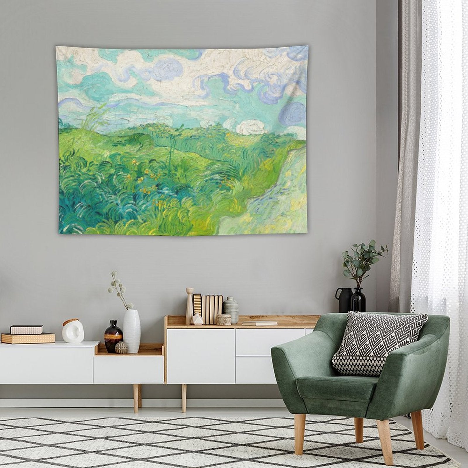 A vibrant tapestry featuring Van Gogh's Green Wheat Fields, showcasing bright colors and intricate details, perfect for home decor.