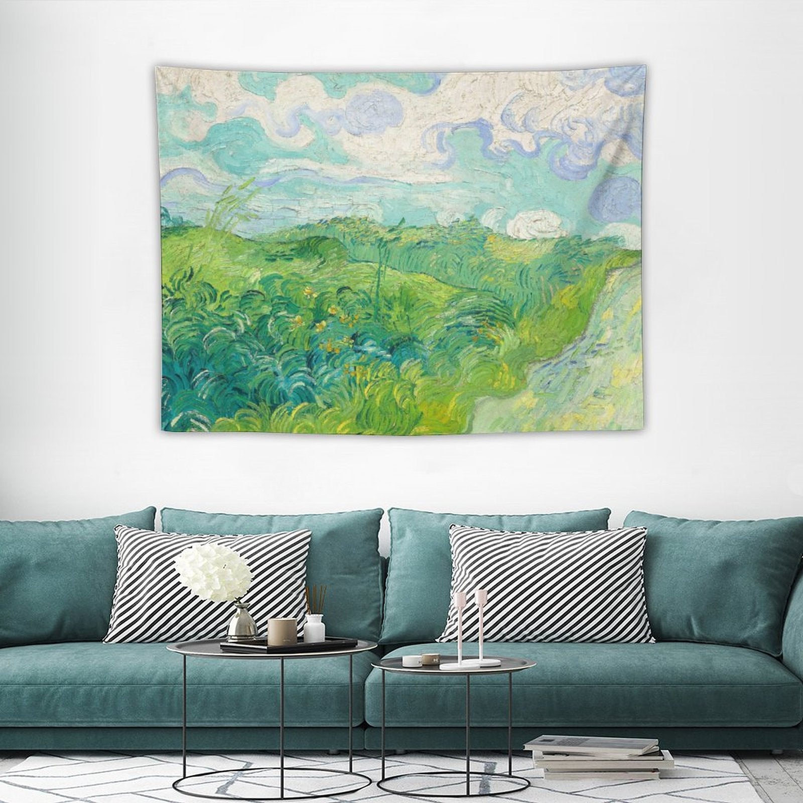 A vibrant tapestry featuring Van Gogh's Green Wheat Fields, showcasing bright colors and intricate details, perfect for home decor.