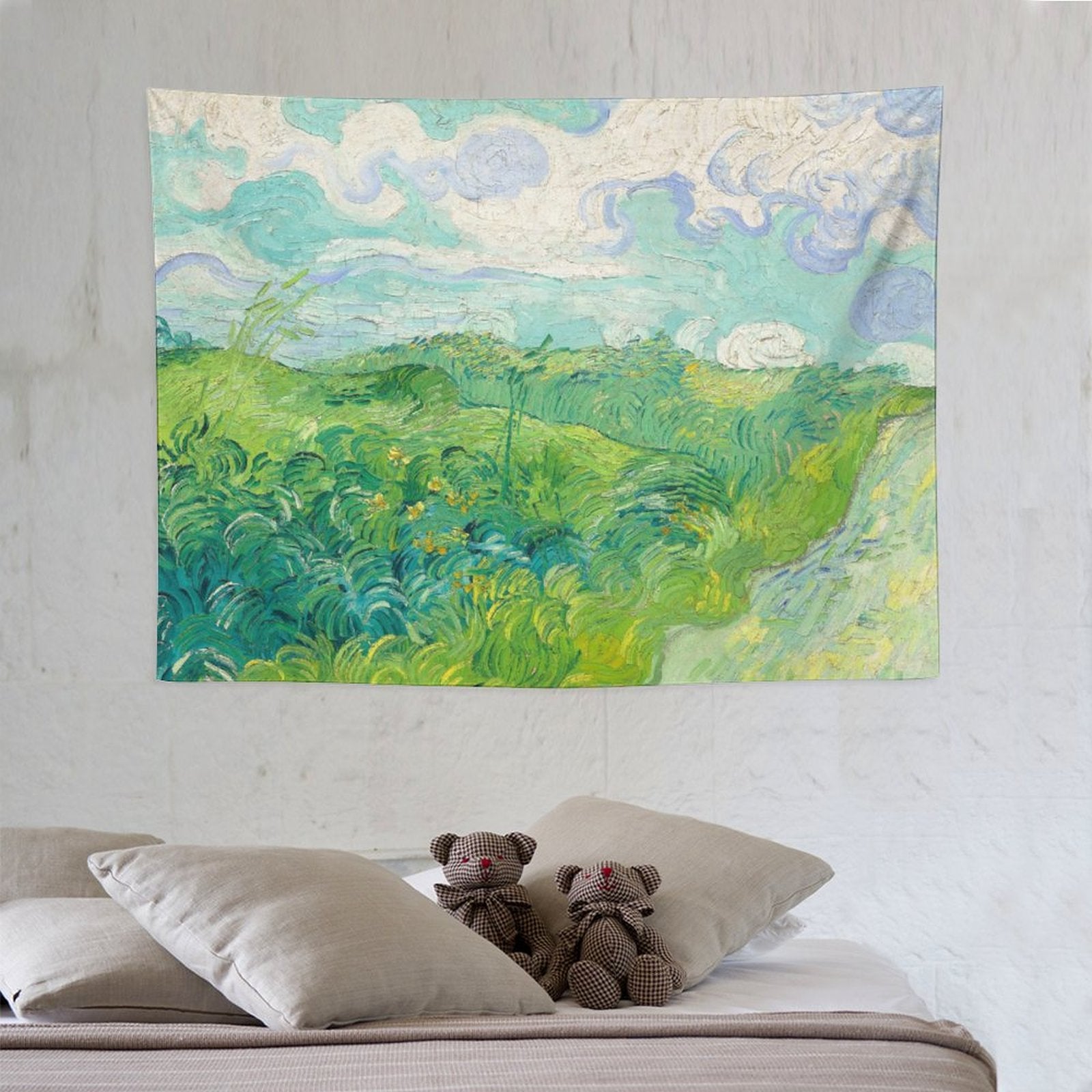 A vibrant tapestry featuring Van Gogh's Green Wheat Fields, showcasing bright colors and intricate details, perfect for home decor.