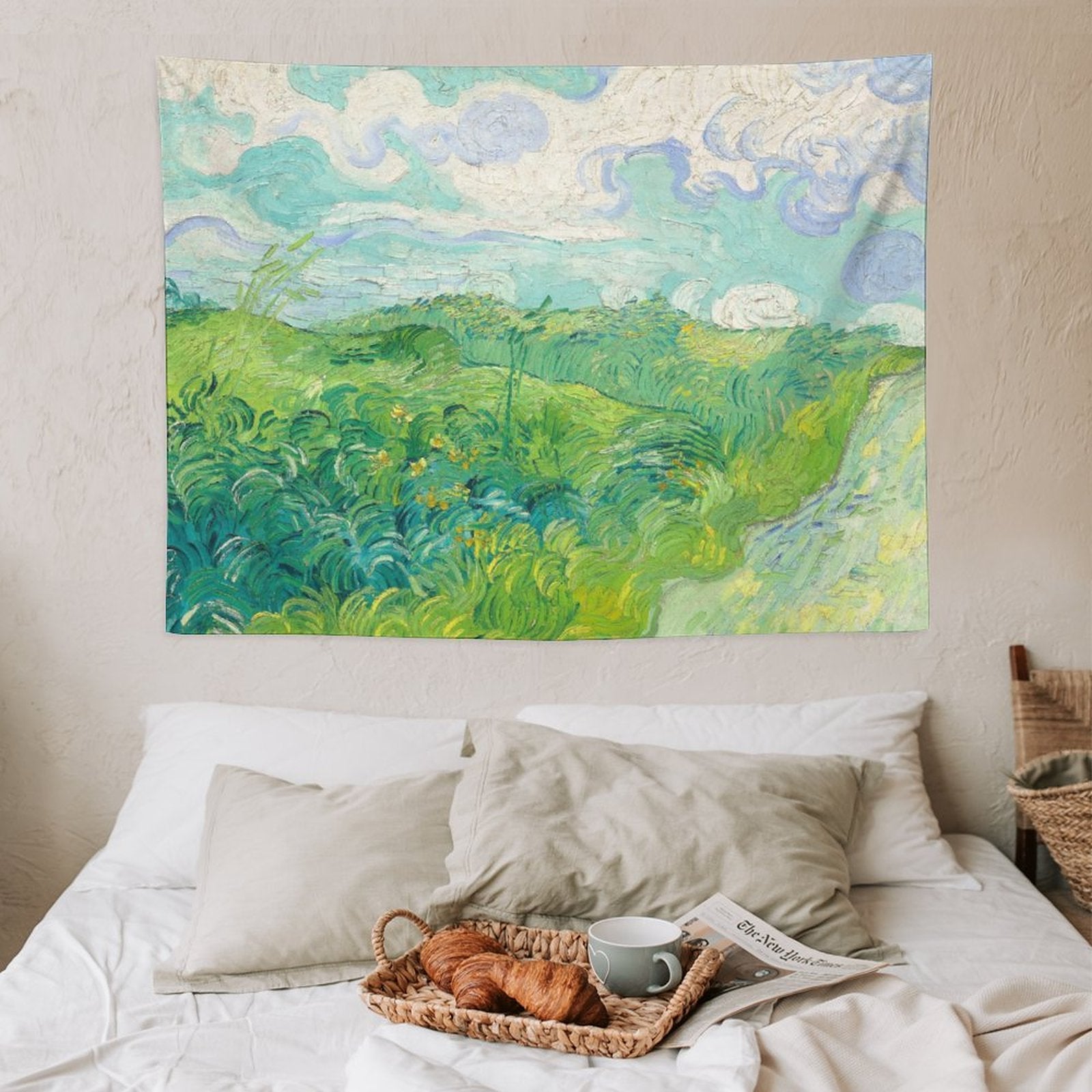 A vibrant tapestry featuring Van Gogh's Green Wheat Fields, showcasing bright colors and intricate details, perfect for home decor.