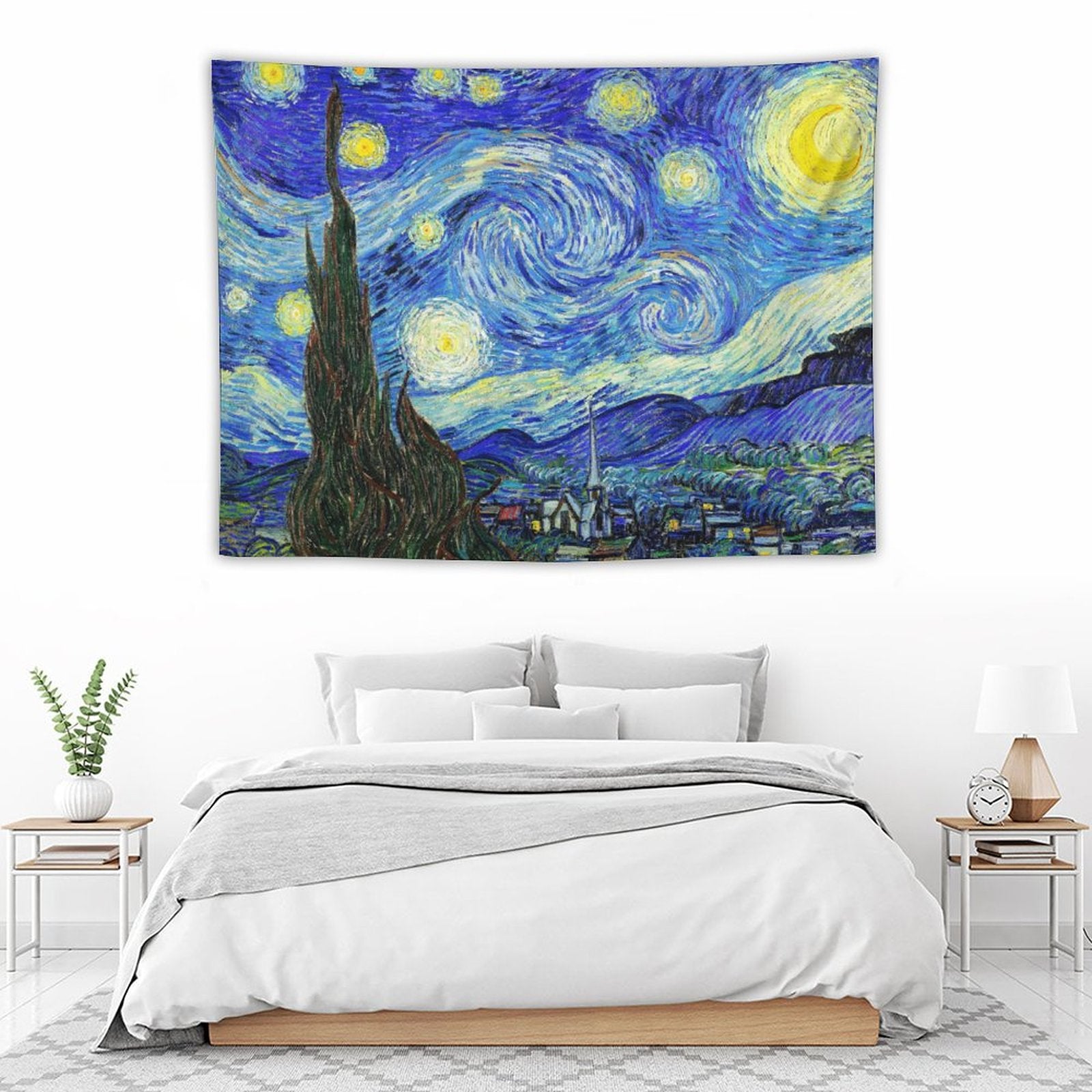 A vibrant tapestry featuring Van Gogh's Starry Night, showcasing swirling stars and a night sky in rich colors, perfect for home decor.