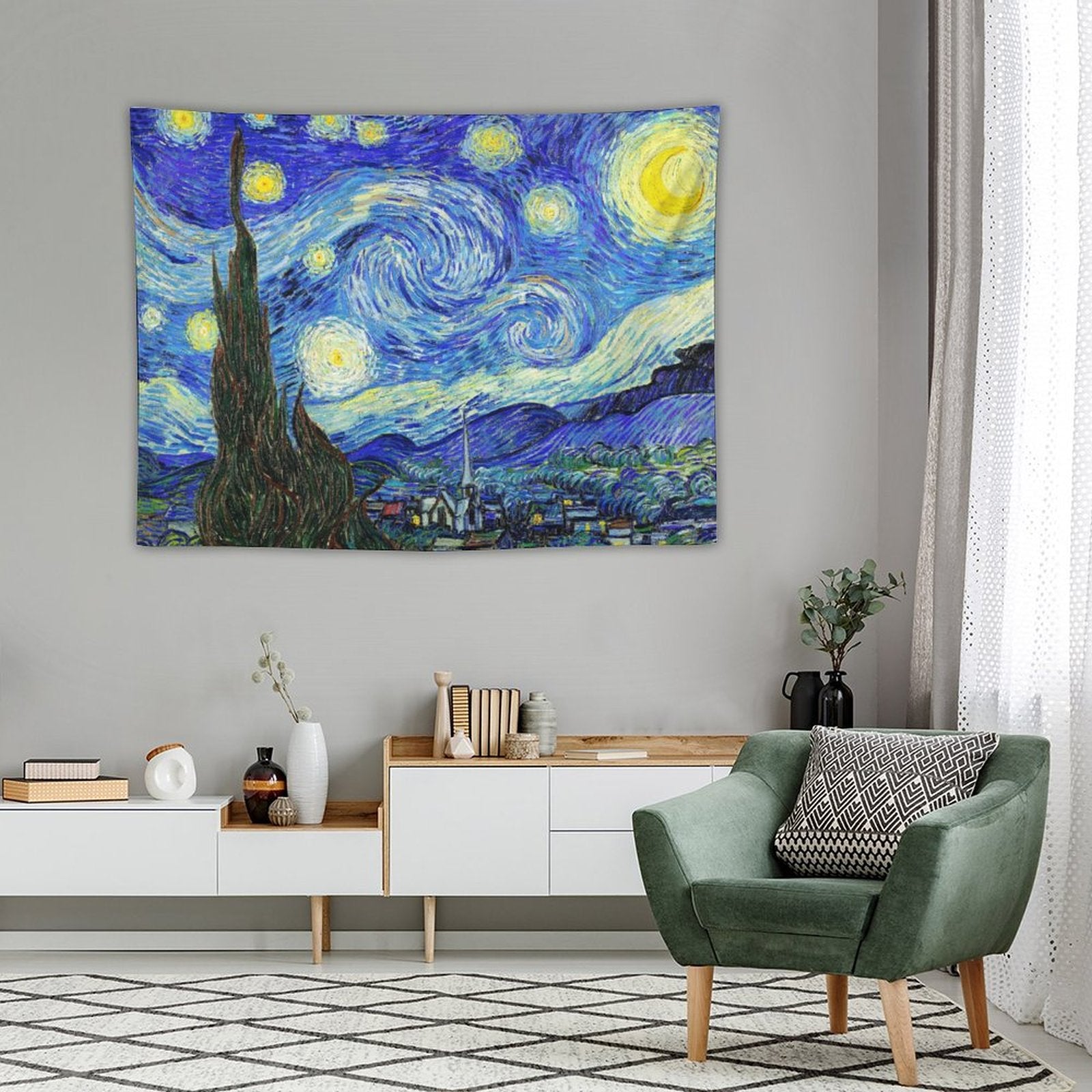 A vibrant tapestry featuring Van Gogh's Starry Night, showcasing swirling stars and a night sky in rich colors, perfect for home decor.