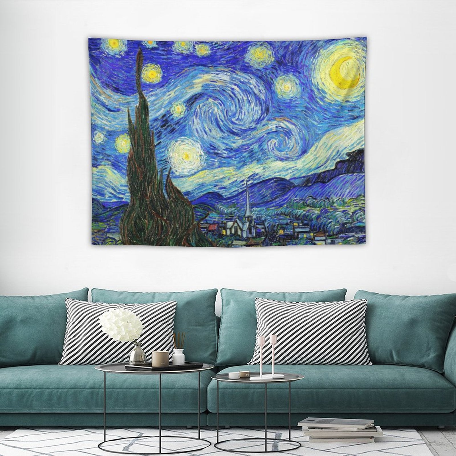 A vibrant tapestry featuring Van Gogh's Starry Night, showcasing swirling stars and a night sky in rich colors, perfect for home decor.