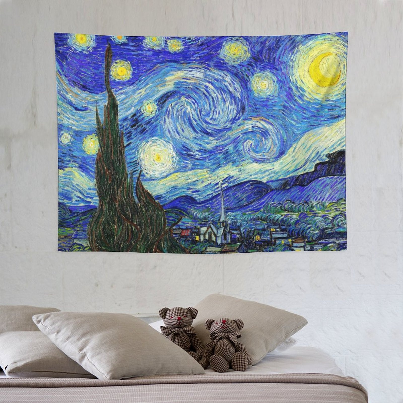 A vibrant tapestry featuring Van Gogh's Starry Night, showcasing swirling stars and a night sky in rich colors, perfect for home decor.