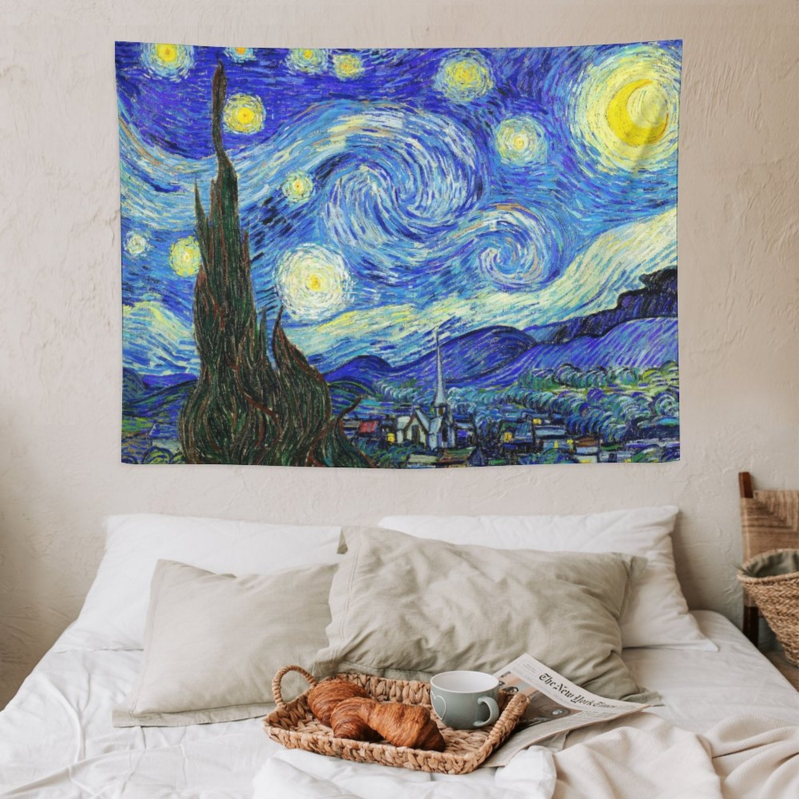A vibrant tapestry featuring Van Gogh's Starry Night, showcasing swirling stars and a night sky in rich colors, perfect for home decor.