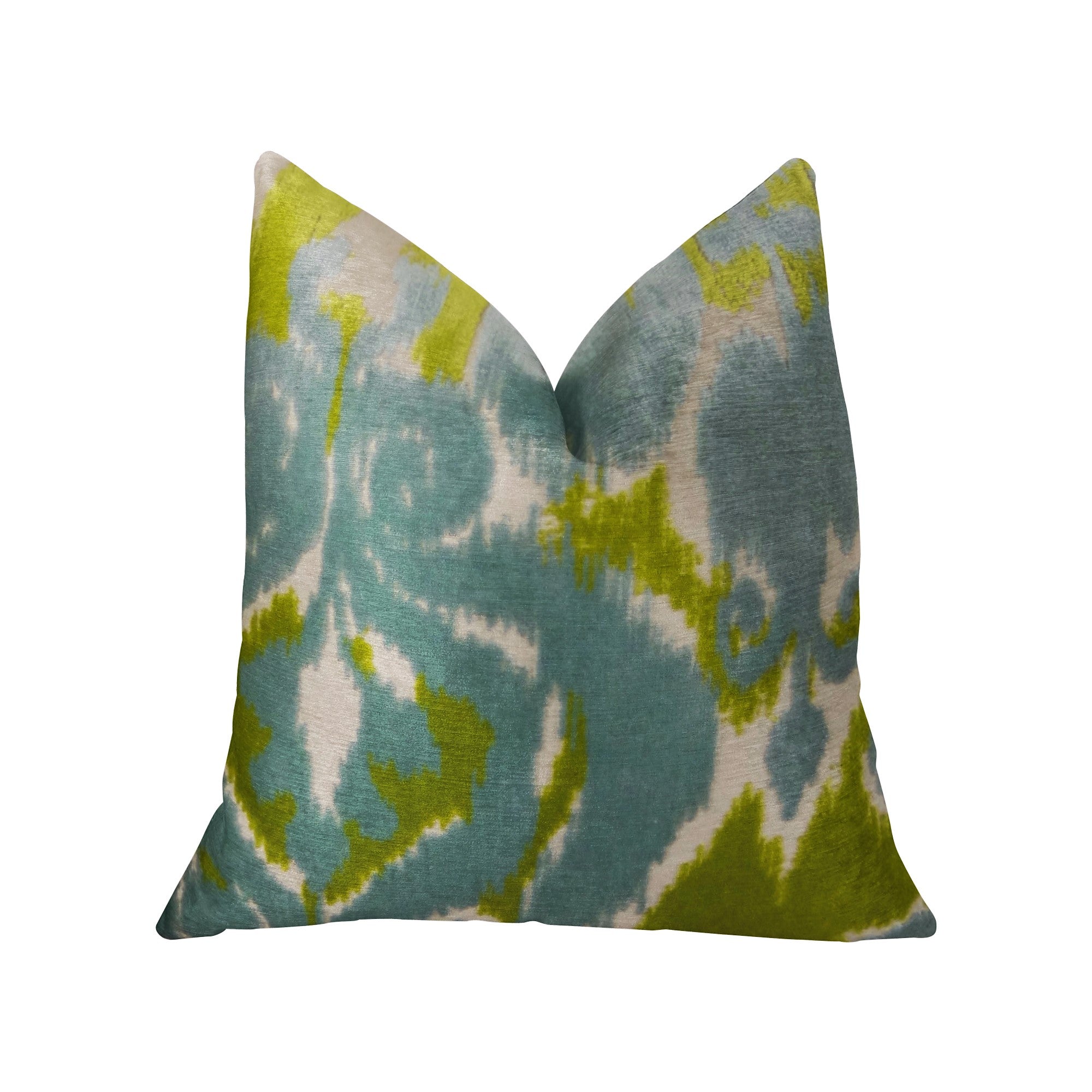 Luxurious handmade pillow in blue citrine and cream colors, featuring an Ikat pattern and invisible zipper enclosure.