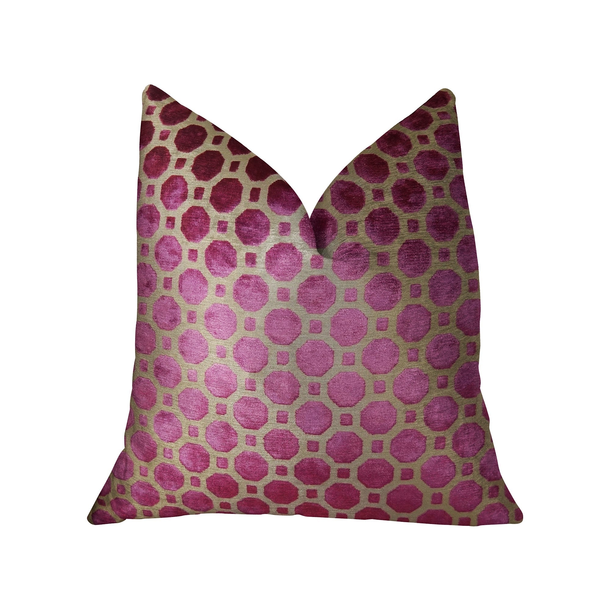 Luxurious handmade pillow in velvet plum magenta and taupe with geometric pattern, featuring an invisible zipper and double-sided design.