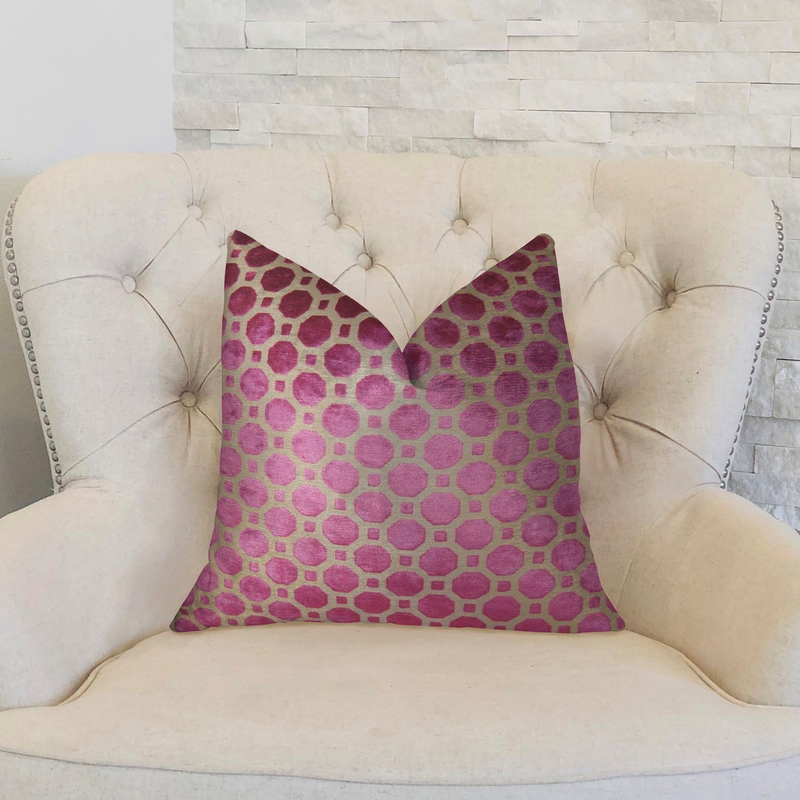 Luxurious handmade pillow in velvet plum magenta and taupe with geometric pattern, featuring an invisible zipper and double-sided design.