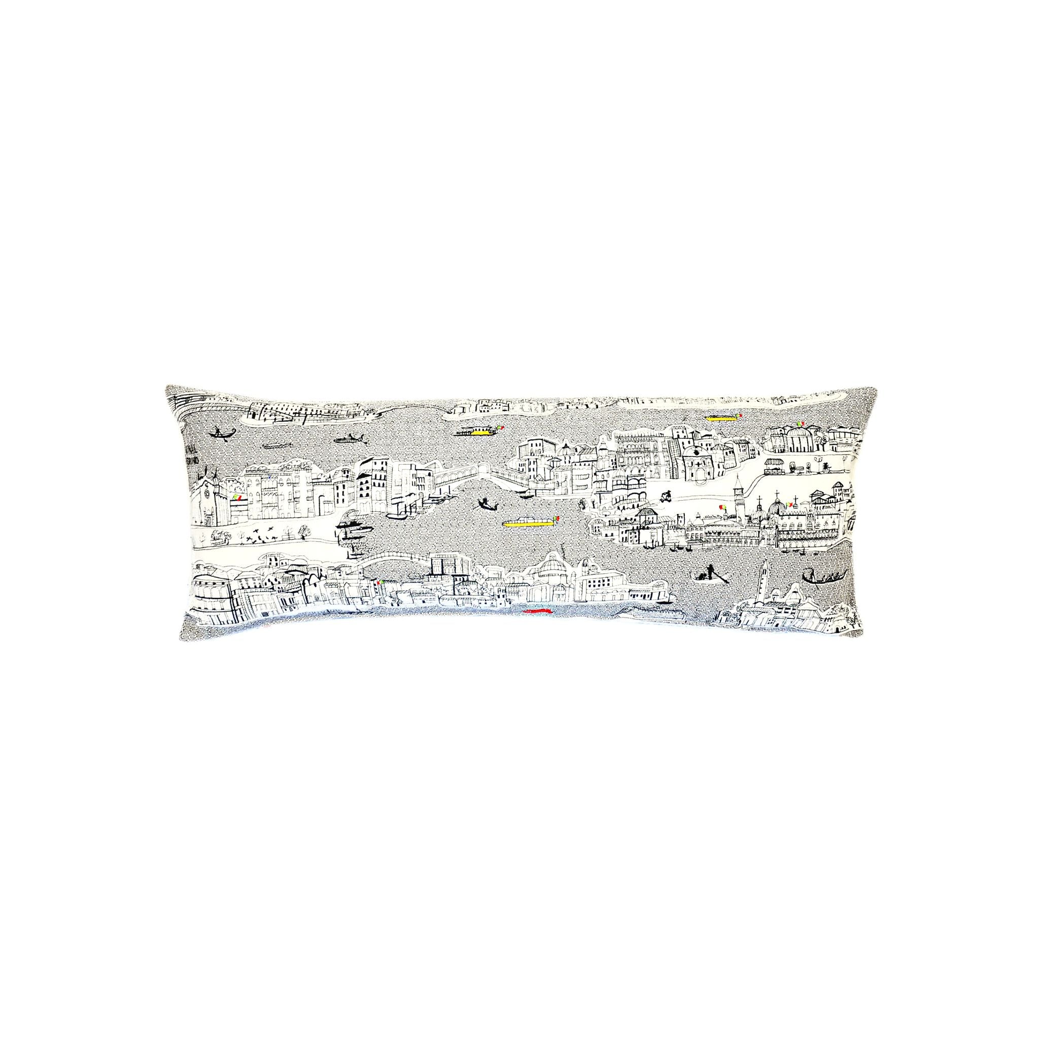 Venice Pillow featuring iconic landmarks like St Mark's Basilica and the Grand Canal, with vibrant colors and a red zipper.