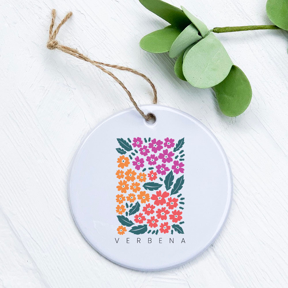 A beautifully crafted porcelain ornament featuring a vibrant Verbena design, perfect for home decor or gifting.