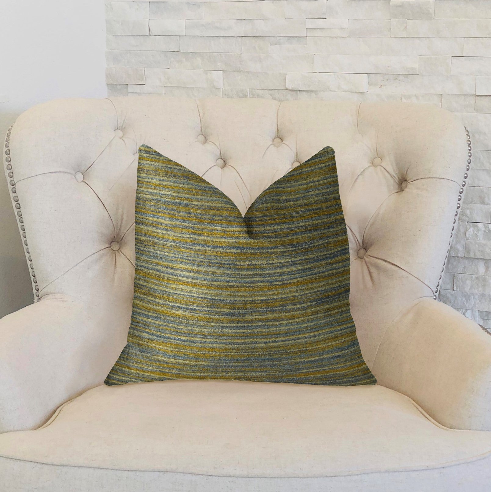 Vermont Blue and Taupe Handmade Luxury Pillow featuring elegant striped design and invisible zipper closure.