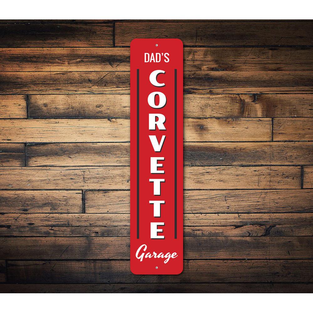 Vertical Chevy Corvette Garage Sign made of high-quality aluminum, featuring vibrant colors and a classic Corvette design, perfect for automotive enthusiasts.