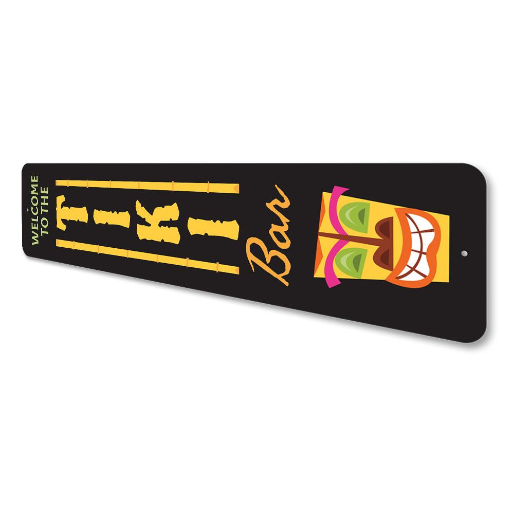 Vertical Tiki Bar Sign made of high-quality aluminum, featuring vibrant colors and customizable text options, perfect for indoor or outdoor decor.